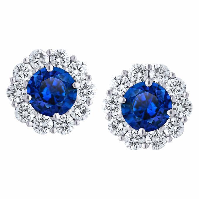 Round Cut Blue Sapphire & Diamonds 6 CT Ladies Stud Earring