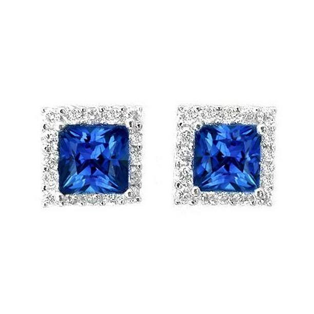 2.40 CT 14K White Gold Princess Cut Blue Sapphire Diamond Stud Earring