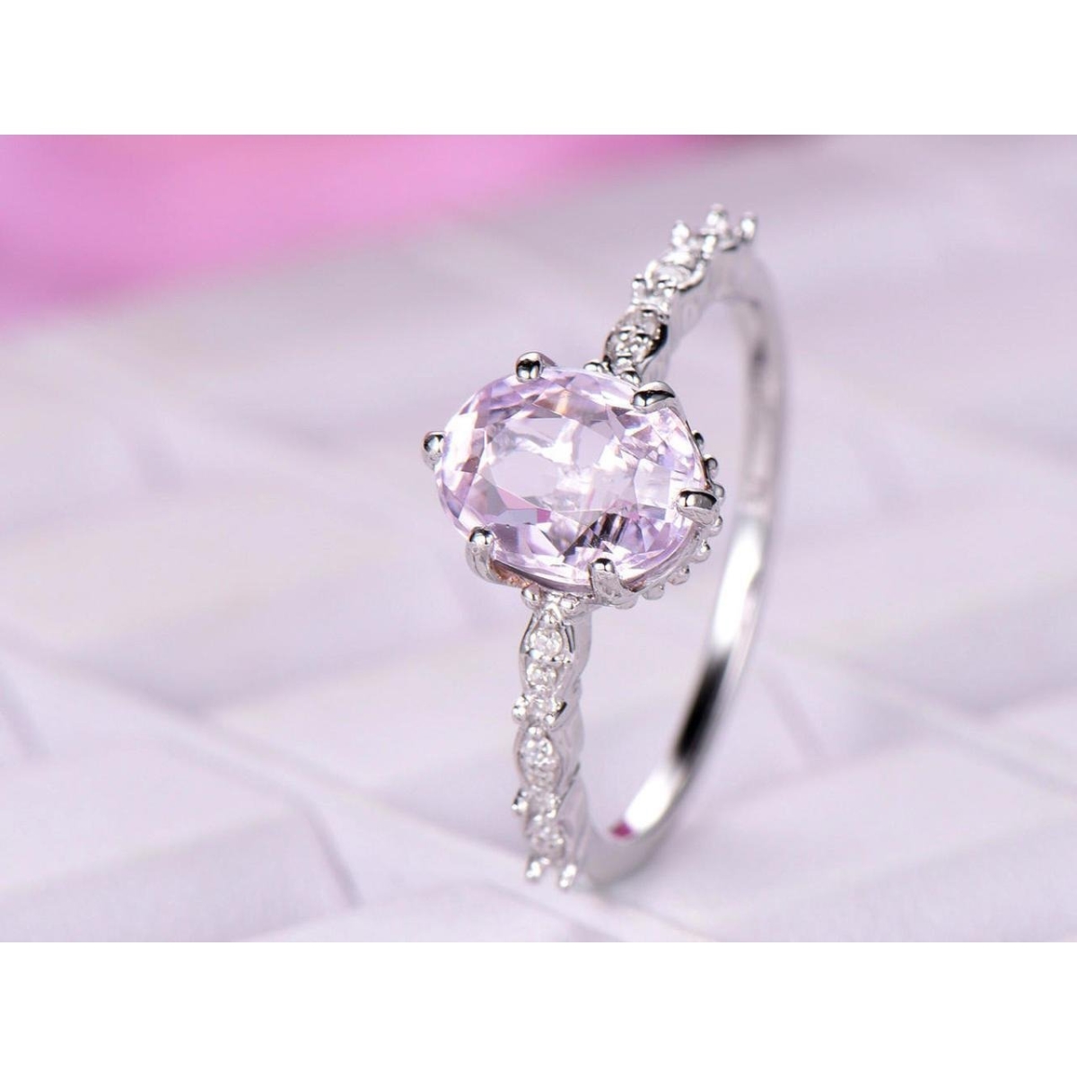 57377 14K White Gold Kunzite with Diamonds 15.65 CT Ring, Size 6.5