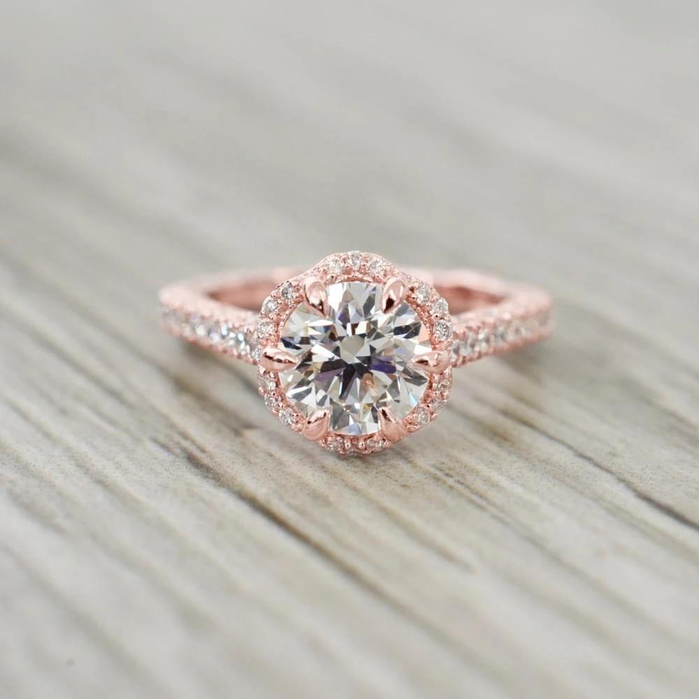 57417 Round Cut Diamond Fine 1.50 CT Lady Halo Ring, 14K Rose Gold - Size 6.5