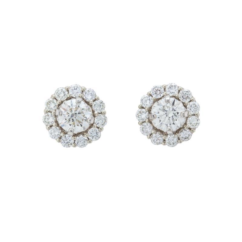 Round Cut 2.22 CT Diamonds Stud Halo Earrings, 14K White Gold