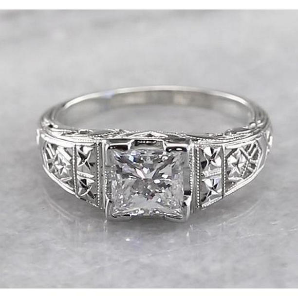 58587 1 CT Filigree Style Princess Diamond Ring, 14K White Gold - Size 6.5