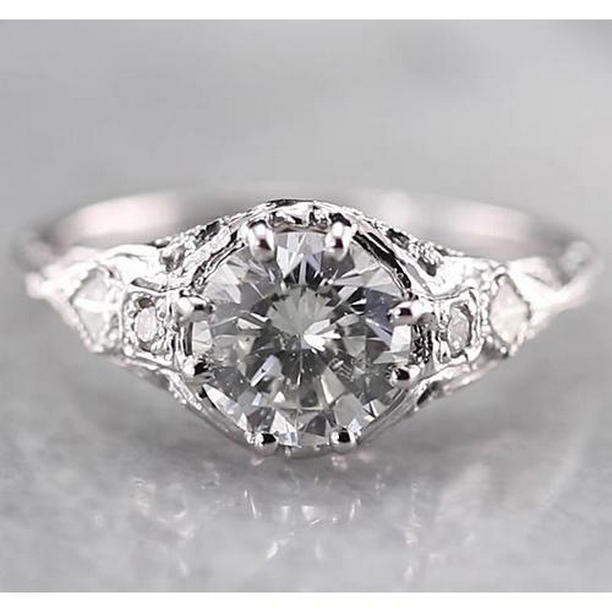 58608 2 CT Antique Style Round Diamond Ring, 14K White Gold - Size 6.5