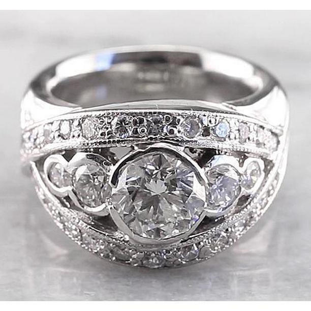 2.50 CT Fancy Round Diamond Antique Style Ring, 14K White Gold - Size 6.5