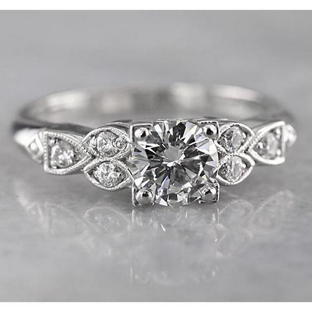 1.50 CT Round Diamond Antique Style Engagement Ring, 14K White Gold - Size 6.5