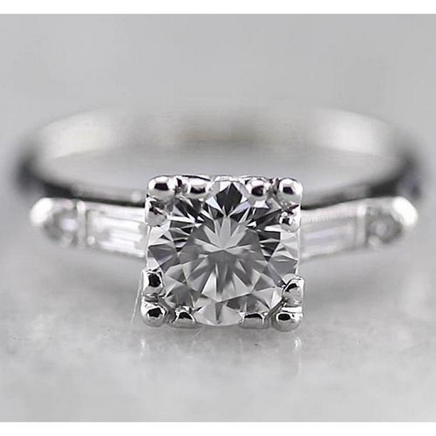 1.60 CT Round Center Diamond Three Stone Ring, 14K White Gold - Size 6.5