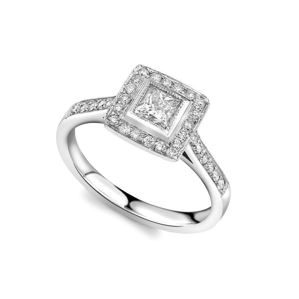 2.60 CT Vintage Style Princess & Round Cut Diamond Halo Ring, Size 6.5