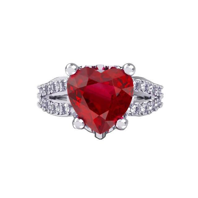 59768 5 CT Prong Set Red Heart Cut Ruby with Diamond Ring, 14K White Gold - Size 6.5 -  Harry Chad Enterprises