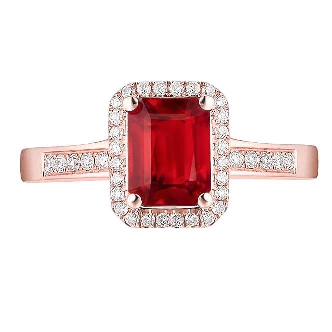 59774 5 CT 14K Rose Gold Emerald Cut Red Ruby & Diamond Wedding Ring, Size 6.5