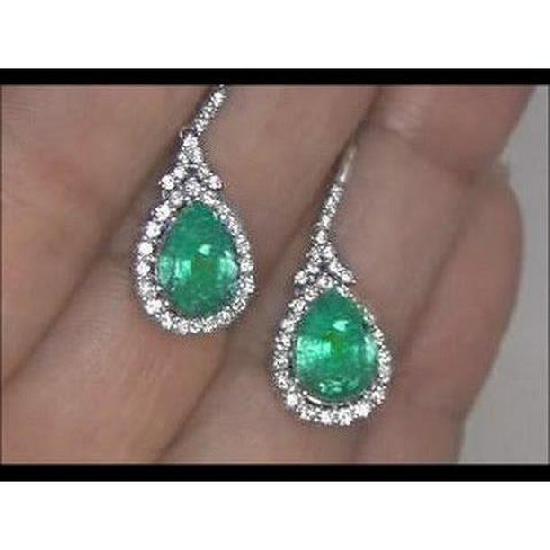 6 CT Emerald & Diamond Dangle Earrings, 14K White Gold