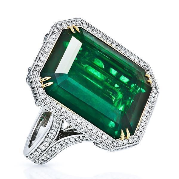 Picture of Harry Chad Enterprises 59843 24.75 CT Big Emerald Cut Emerald Solid Two Tone Gold Diamond Ring&#44; Size 6.5