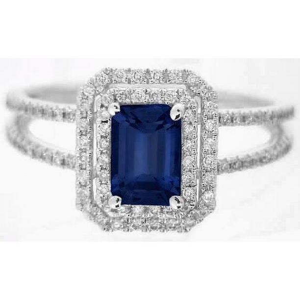 60694 3 CT Emerald Ceylon Sapphire 14K White Gold Diamond Ring, Size 6.5