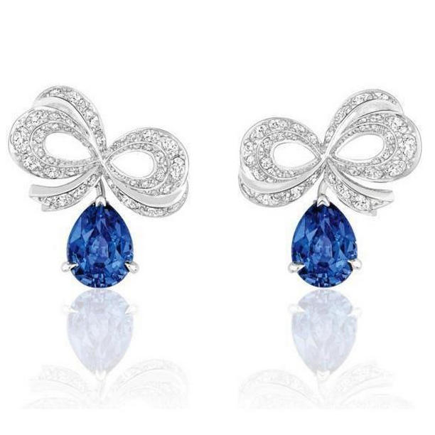 Blue Sapphire with Diamond 6 CT Lady Stud Earring, 14K White Gold