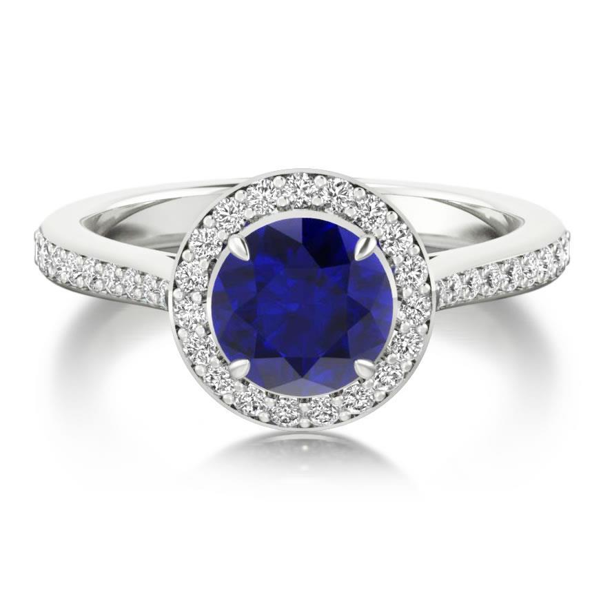 60705 2.85 CT Round Ceylon Sapphire Halo Diamond Ring, 14K White Gold - Size 6.5