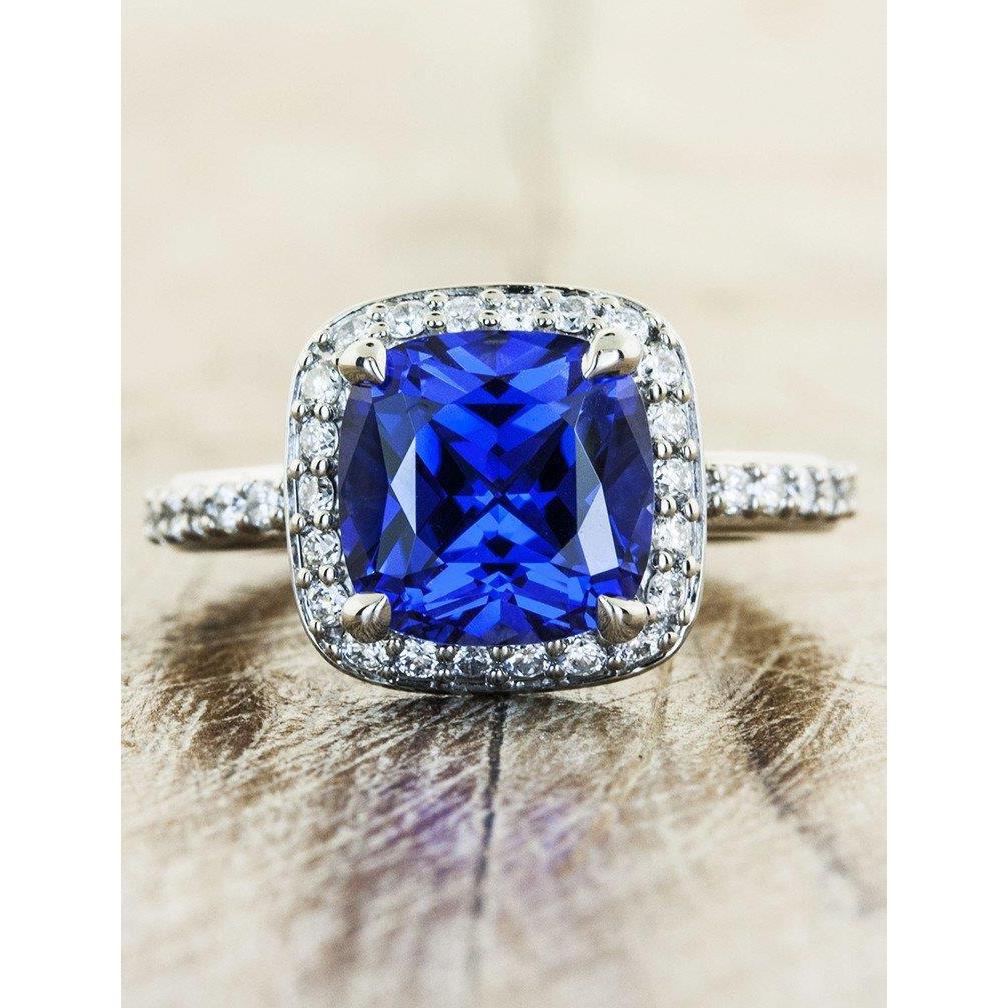 60709 3 CT Ceylon Sapphire Halo Diamond Solid Wedding Ring, 14K White Gold - Size 6.5