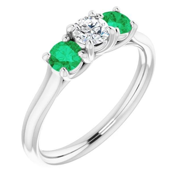 2.40 CT Three Stone Diamond Green Emerald Ring, 14K White Gold - Size 6.5