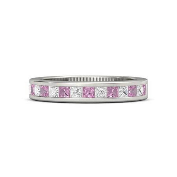 2.40 CT Princess Diamond Pink Sapphire Band, 14K White Gold - Size 6.5