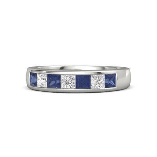 60737 2.50 CT Princess Diamond Blue Sapphire Band, 14K White Gold - Size 6.5