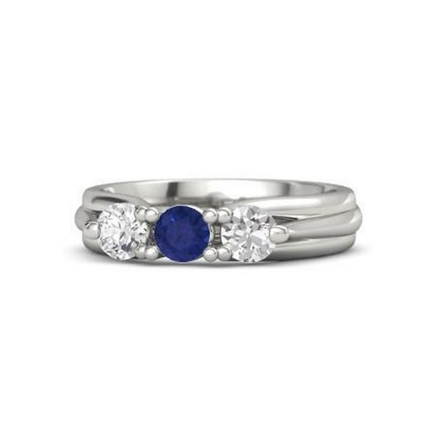 60738 1 CT Three Stone Blue Sapphire & Diamond Ring, 14K White Gold - Size 6.5