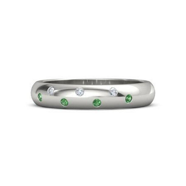 1.10 CT Gypsy Diamond Green Emerald Band, 14K White Gold - Size 6.5