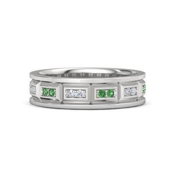 60742 3.60 CT Vintage Type Diamonds Green Emerald Band, 14K White Gold - Size 6.5