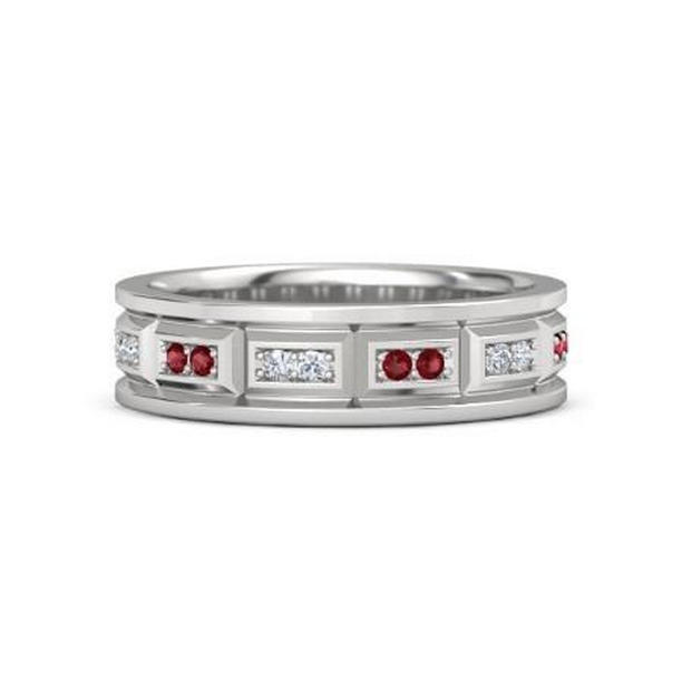 60743 3.60 CT Vintage Type Diamonds Rubies Band, 14K White Gold - Size 6.5