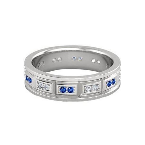 60744 3.60 CT Vintage Type Diamonds Blue Sapphire Band, 14K White Gold - Size 6.5