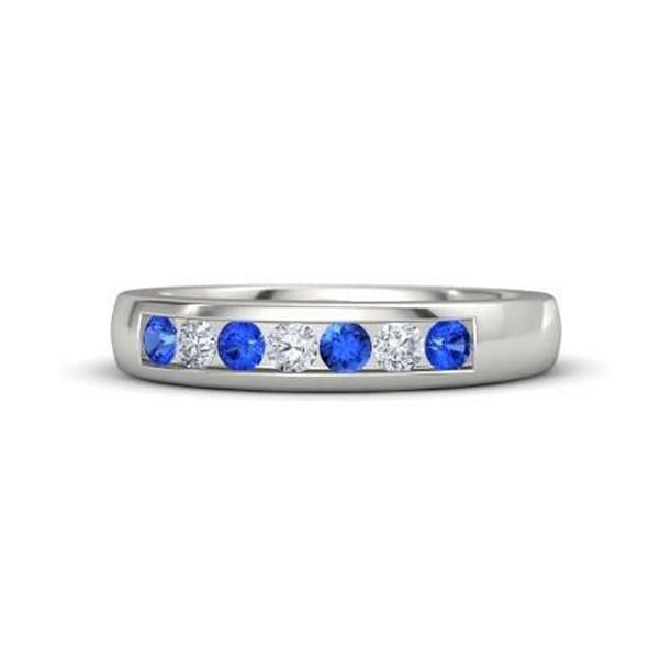 60745 2.50 CT Diamond Round Blue Sapphire Band, 14K White Gold - Size 6.5