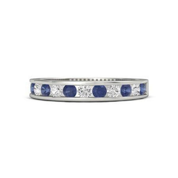 60748 2.50 CT 14K White Gold Diamond Round Blue Sapphire Band, Size 6.5