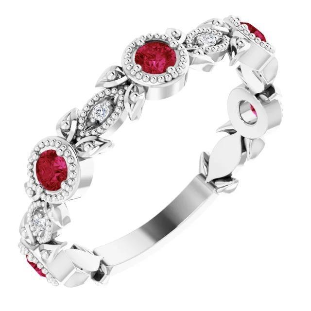 60754 3 CT Vintage Style Diamond Round Ruby Ring, 14K White Gold - Size 6.5