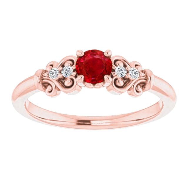 1.40 CT 14K Rose Gold Diamond Round Ruby Ring, Size 6.5