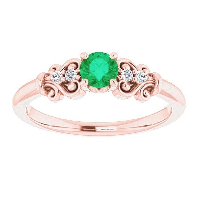 60756 1.40 CT 14K Rose Gold Diamond Round Green Emerald Ring, Size 6.5