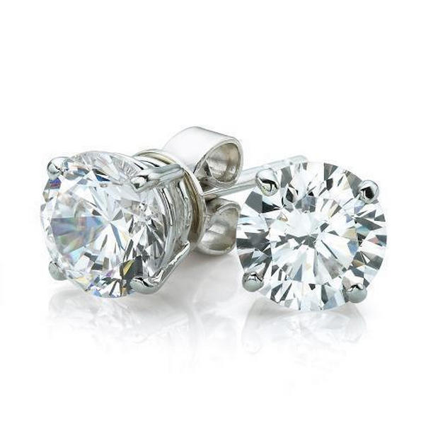 61419 2 CT Solitaire Round Cut Diamond Stud Earring, 14K White Gold