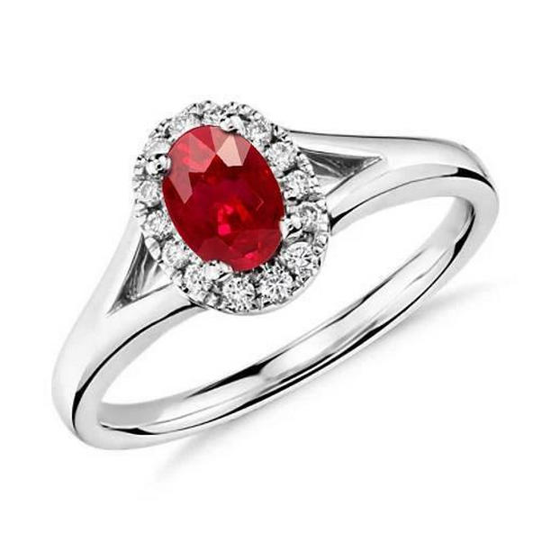 62050 3.25 CT Oval Cut Red Ruby & Round White Gold Diamond Ring, Size 6.5