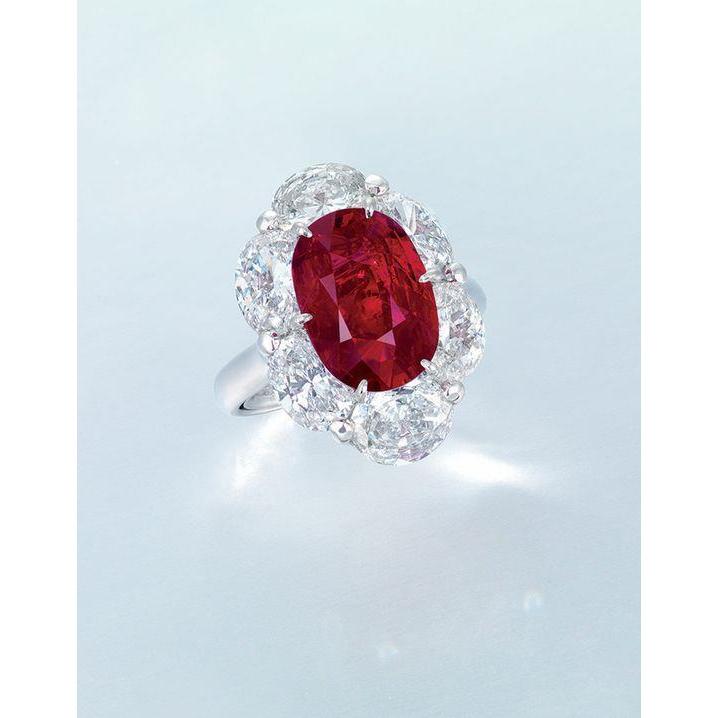 62053 3.60 CT Cushion Ruby with Oval Diamonds Ring, Size 6.5