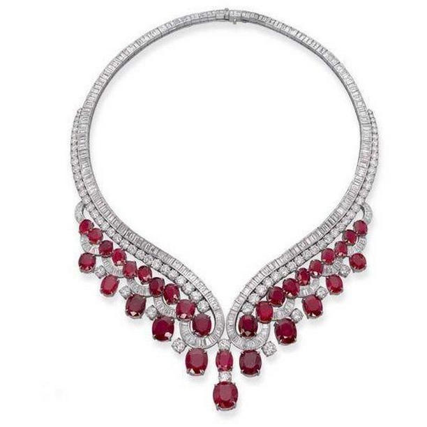 Picture of Harry Chad Enterprises 62055 Red Ruby with Diamonds 59 CT Ladies Necklace&#44; 14K White Gold