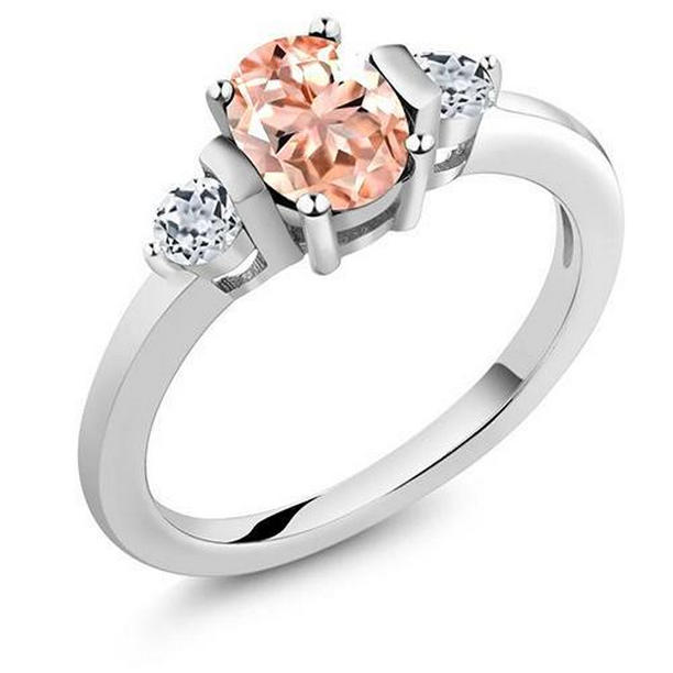 62076 Morganite & Diamonds 9 CT 3 Stone Wedding Ring, 14K White Gold - Size 6.5