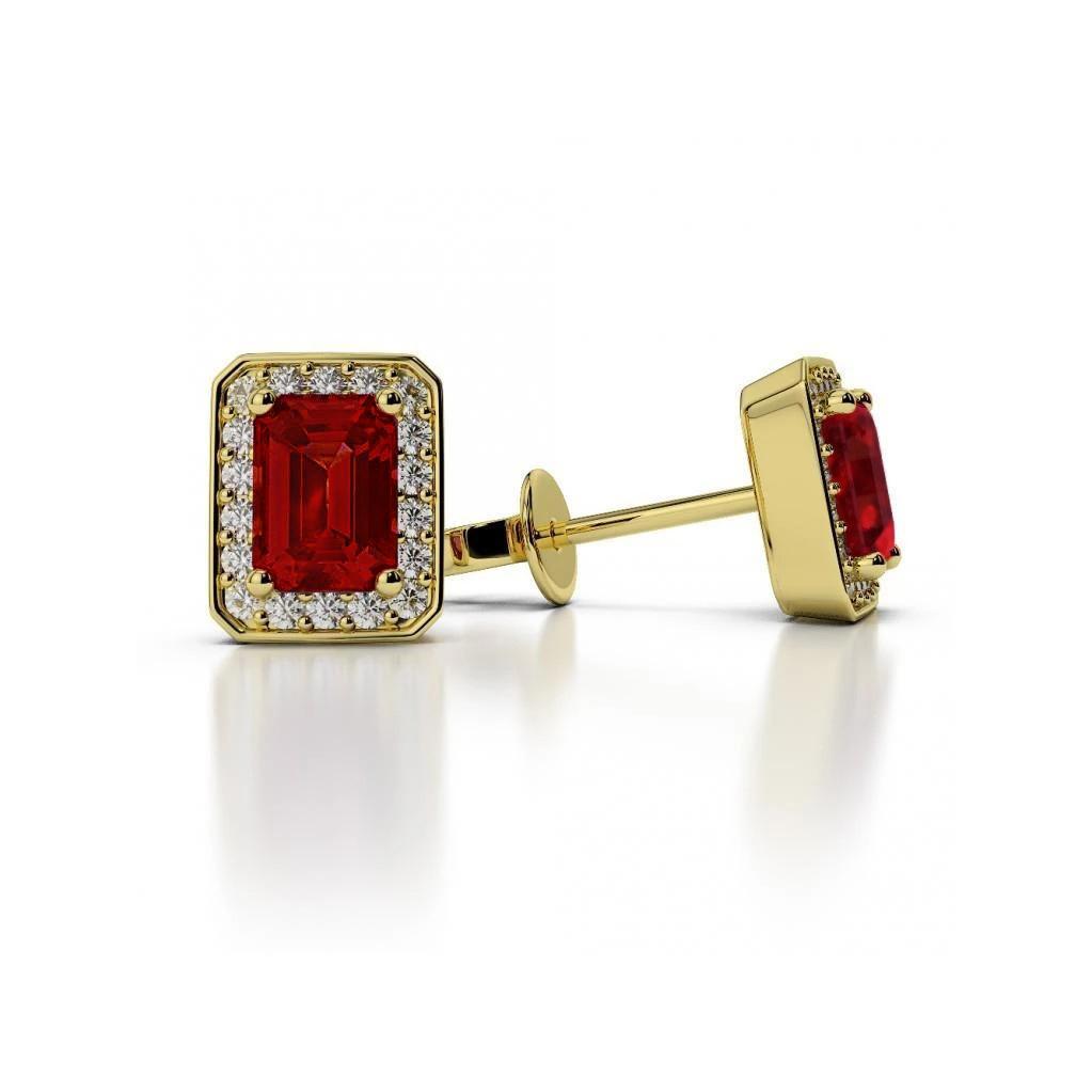 62083 5.10 CT Prong Set Emerald Cut Ruby with Diamonds Stud Earrings