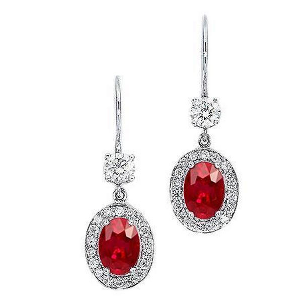 5 CT Oval Red Ruby with Diamond Dangle Earring, 14K White Gold