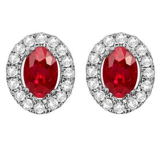 2.60 CT Red Ruby & Diamond Halo Stud Earring, 14K Fine White Gold