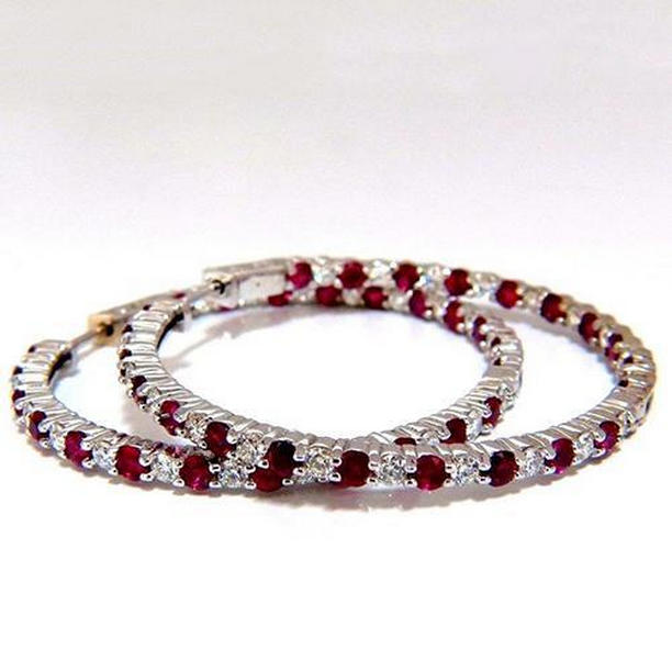 6.50 CT Round Red Ruby & Diamond Womens Hoop Earring, 14K Gold