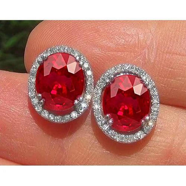 5.12 CT Red Ruby with Diamond Stud Lady Earring, 14K White Gold