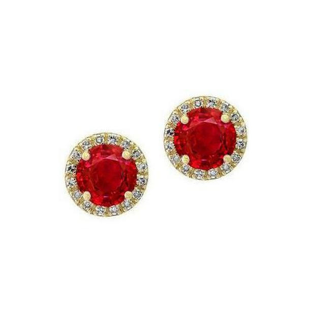 4.32 CT Round Red Ruby Diamond Stud Halo Earring, Solid Yellow Gold