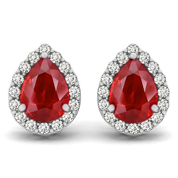 8.60 CT Ruby & Diamonds Stud Halo Earrings, 14K White Gold