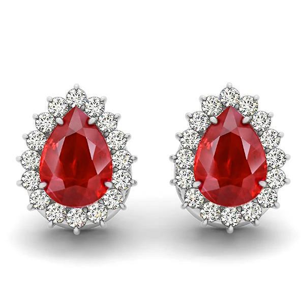 Pear Cut Ruby & Round Diamond 7.50 CT Stud Halo Earrings