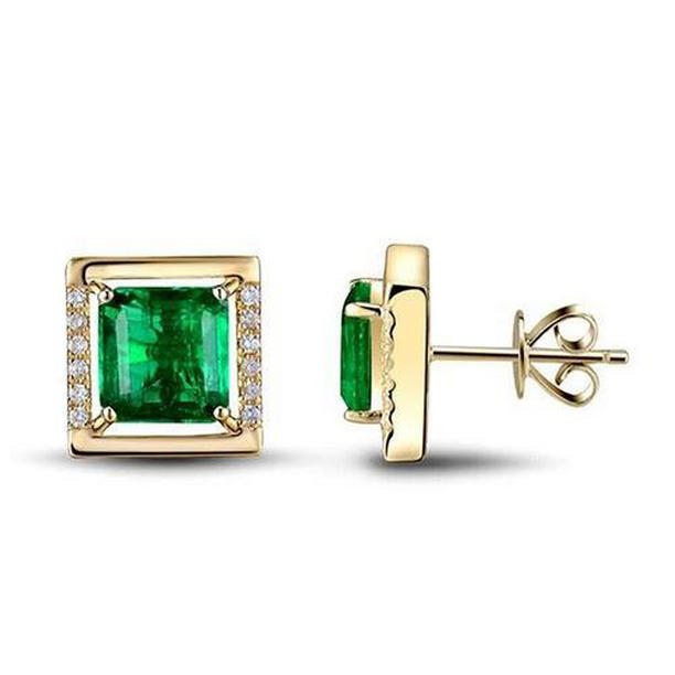 14K Yellow Gold 4.50 CT Emerald with Diamonds Stud Earrings