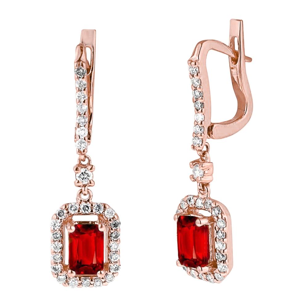 2.70 CT Emerald Cut Red Ruby & Diamond Dangle Earring, Rose Gold