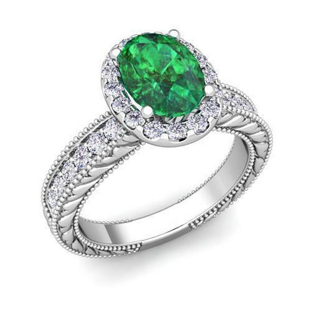 62784 Oval Emerald Diamond 3.50 CT Gemstone Ring, 14K White Gold - Size 6.5