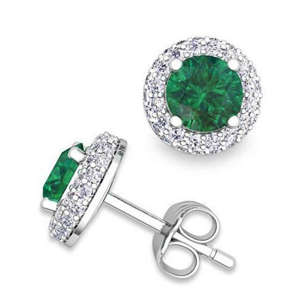 62786 6 CT Round Cut Emerald & Diamonds Stud Halo Earrings, White Gold