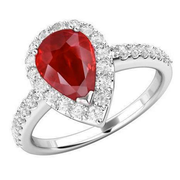 62787 14K White Gold 3.80 CT Red Ruby & Diamonds Wedding Ring, Size 6.5